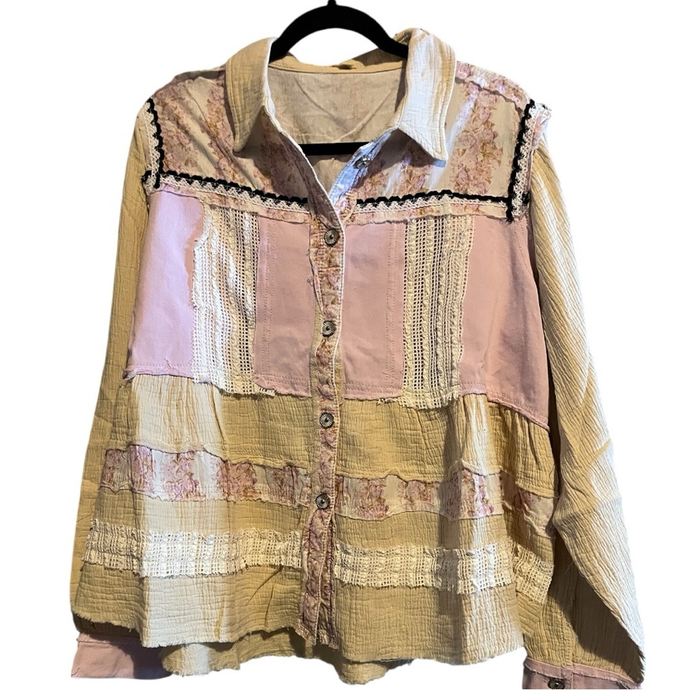 Pol Patchwork Button-Down Shirt In Cream And Lave… - image 4